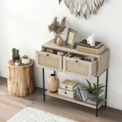Costway Rattan Console Table With 2 Rattan Drawers & Open Storage Shelf Metal Legs Oak -Costway GUEST 9d1130c5 dda4 43bb b3f3 fa10b156d9cd