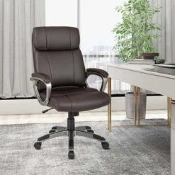 Costway Ergonomic Office Chair PU Leather Executive Swivel With Upholstered Armrests Brown
