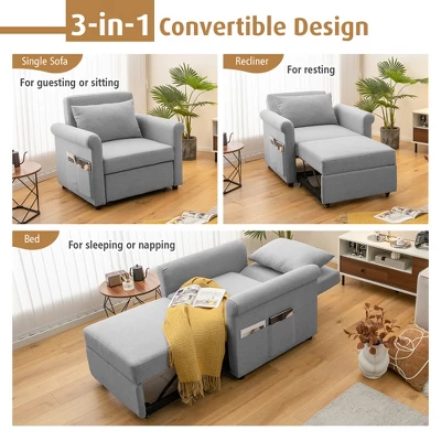 Costway Convertible Sofa Bed 3-in-1 Pull-out Sofa Chair Adjustable Reclining Chair Grey 4 Costway Convertible Sofa Bed 3-in-1 Pull-out Sofa Chair Adjustable Reclining Chair Grey - Image 4