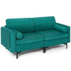 Costway Modern Loveseat 2-Seat Sofa Couch W/ 2 Bolsters Side Storage Pocket Teal -Costway GUEST 9dbdeb99 369f 4e38 806b 772d102a357d