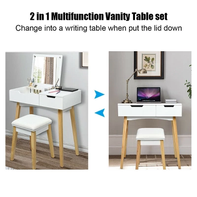 Costway Vanity Makeup Table Cushioned Stool Set W/Flip Top Mirror &1 Drawer Writing Desk 5 Costway Vanity Makeup Table Cushioned Stool Set W/Flip Top Mirror &1 Drawer Writing Desk - Image 5