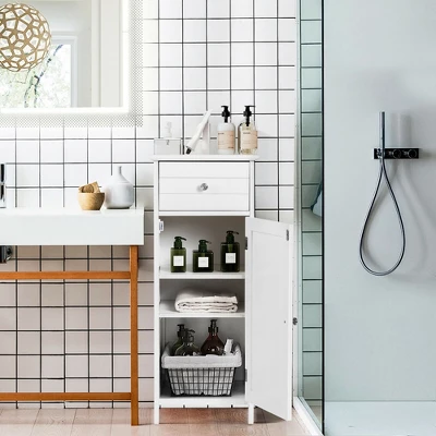 Costway Wooden Bathroom Floor Storage Cabinet Organizer With Drawer And Adjustable Shelf 1 Costway Wooden Bathroom Floor Storage Cabinet Organizer With Drawer And Adjustable Shelf