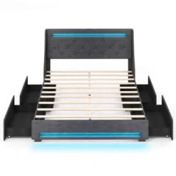Costway Full/Queen Size Bed Frame With LED Lights & Charging Station Upholstered Platform Bed -Costway GUEST 9f3099f0 27b9 4adf af69 23a125a22937
