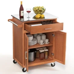 Costway Wood Kitchen Trolley Cart Stainless Steel Top Rolling Storage Cabinet Island -Costway GUEST a12da114 dbce 4841 9ac8 a40d8bfb881f