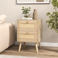 Costway 1/2 PCS Rattan Nightstand Boho Accent Bedside Table With 2 Storage Drawers Natural