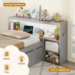 Costway Twin Size Bed Frame With LED Light & Power Outlet Bookcase Headboard Drawers White/Gray -Costway GUEST a55e257c 2cf4 4307 b508 1ec30bb01f65