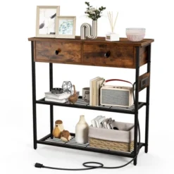 Costway Entryway Table With Charging Station Narrow Console Table With 2 Drawers Brown/Oak -Costway GUEST a57d4e2f d2d6 4f76 b101 320b6aa53d8c