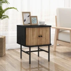 Costway Sliding Door Nightstand Mid-century Modern Storage End Table With Cabinet Black/Distressed White