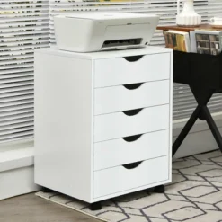 Costway 5 Drawer Dresser Storage Cabinet Chest W/Wheels For Home Office White