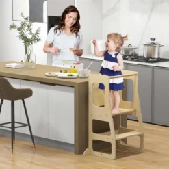 Costway 3-in-1 Foldable Kitchen Standing Tower For Toddlers With Chalkboard Weaning Table Natural