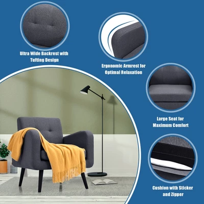 Costway Mid Century Accent Chair Fabric Arm Chair Single Sofa W/Rubber Wood Legs BlueGrey 7 Costway Mid Century Accent Chair Fabric Arm Chair Single Sofa W/Rubber Wood Legs BlueGrey - Image 7