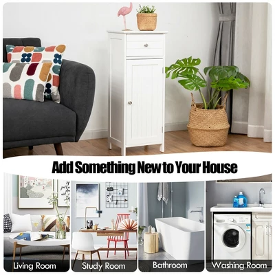 Costway Wooden Bathroom Floor Storage Cabinet Organizer With Drawer And Adjustable Shelf 5 Costway Wooden Bathroom Floor Storage Cabinet Organizer With Drawer And Adjustable Shelf - Image 5