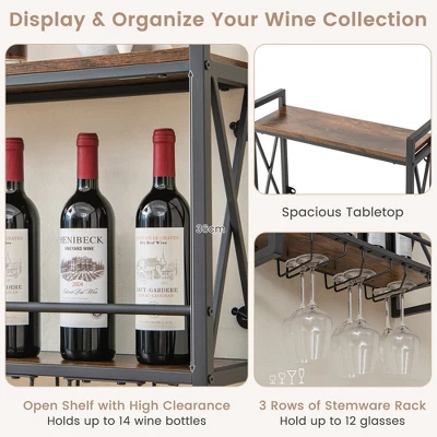Costway Wall Mounted Wine Rack Industrial 2-Tier Wood Shelf With 3 Stem Glass Holders 5 Costway Wall Mounted Wine Rack Industrial 2-Tier Wood Shelf With 3 Stem Glass Holders - Image 5