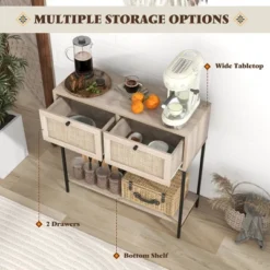 Costway Rattan Console Table With 2 Rattan Drawers & Open Storage Shelf Metal Legs Oak -Costway GUEST a8591ba9 7517 4202 9485 a764dde79ffe