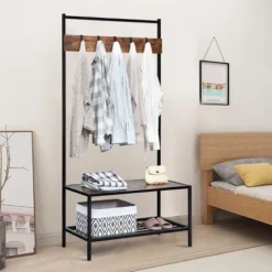 COSTWAY 3 In 1 Industrial Coat Rack Shoe Bench Entryway Hall Tree Storage Shelf W/ Hooks