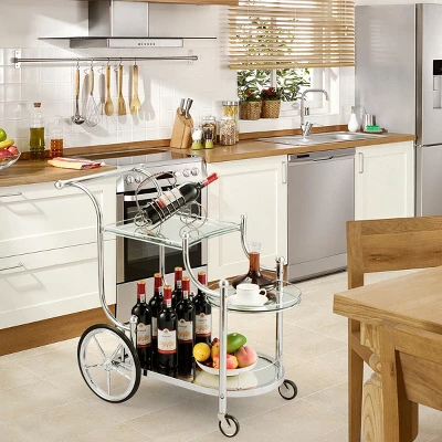 Costway Kitchen Cart Tea Cart Glass Shelves & Metal Frame With Wheels 4 Costway Kitchen Cart Tea Cart Glass Shelves & Metal Frame With Wheels - Image 4