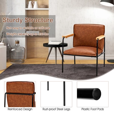 Costway Modern Accent Chair Arm Chair PU Leather W/Rubber Wood Armrest For Living Room 2 Costway Modern Accent Chair Arm Chair PU Leather W/Rubber Wood Armrest For Living Room - Image 2