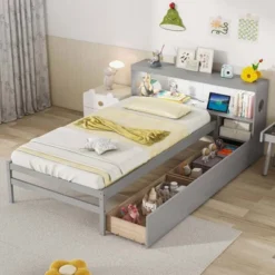 Costway Twin Size Bed Frame With LED Light & Power Outlet Bookcase Headboard Drawers White/Gray