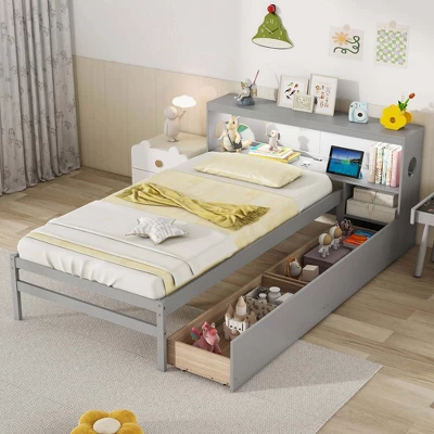Costway Twin Size Bed Frame With LED Light & Power Outlet Bookcase Headboard Drawers White/Gray 1 Costway Twin Size Bed Frame With LED Light & Power Outlet Bookcase Headboard Drawers White/Gray -Costway GUEST aa7a8501 58ec 4dfb 8a47 cc3159f97931