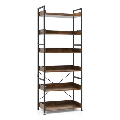 Costway 6-Tier Bookshelf Open Display Shelves Storage Rack Metal Frame With 4 Hooks Rustic 9 Costway 6-Tier Bookshelf Open Display Shelves Storage Rack Metal Frame With 4 Hooks Rustic - Image 9