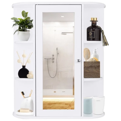 Costway Bathroom Cabinet Single Door Shelves Wall Mount Cabinet W/ Mirror Organizer 3 Costway Bathroom Cabinet Single Door Shelves Wall Mount Cabinet W/ Mirror Organizer - Image 3