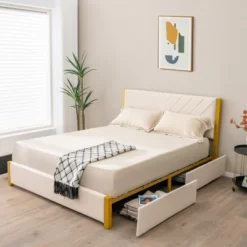 Costway FullQueen Size Upholstered Bed Frame Wooden Slatted Adjustable Headboard 4 Drawers 14 Costway FullQueen Size Upholstered Bed Frame Wooden Slatted Adjustable Headboard 4 Drawers -Costway GUEST ac5785d5 a954 496e b6f1 3acc6a5524cf