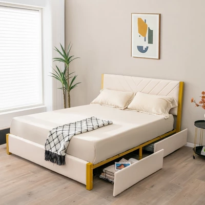 Costway FullQueen Size Upholstered Bed Frame Wooden Slatted Adjustable Headboard 4 Drawers 4 Costway FullQueen Size Upholstered Bed Frame Wooden Slatted Adjustable Headboard 4 Drawers - Image 4