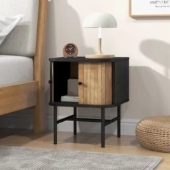 Costway Sliding Door Nightstand Mid-century Modern Storage End Table With Cabinet Black/Distressed White -Costway GUEST ad05e28c 943d 498f afe3 e49f16fd0d83