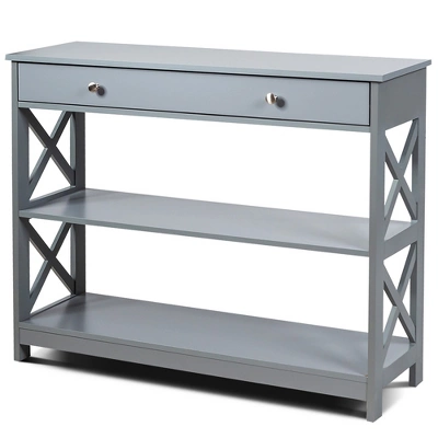 Costway 3-Tier Console Table X-Design Sofa Entryway Table With Drawer & Shelves Gray Espresso 13 Costway 3-Tier Console Table X-Design Sofa Entryway Table With Drawer & Shelves Gray Espresso - Image 13
