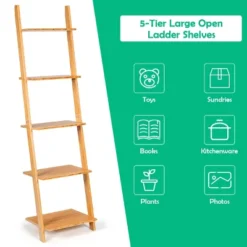 Costway 5-Tier Ladder Shelf Modern Bamboo Leaning Bookshelf Ladder Bookcase Open Display -Costway GUEST ae0944d1 b65a 4c53 9e82 bc3040ef376f