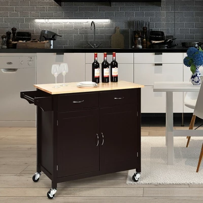 Costway Modern Rolling Kitchen Island Cart Wood Top Storage Trolley With Storage Drawers 4 Costway Modern Rolling Kitchen Island Cart Wood Top Storage Trolley With Storage Drawers - Image 4