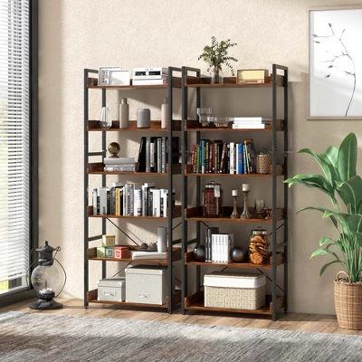 Costway 6-Tier Bookshelf Open Display Shelves Storage Rack Metal Frame With 4 Hooks Rustic 3 Costway 6-Tier Bookshelf Open Display Shelves Storage Rack Metal Frame With 4 Hooks Rustic - Image 3