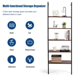 Costway 5-Tier Ladder Shelf Wood Wall Mounted Display Bookshelf Metal Frame Brown & Black/Brown & White/Bronze 17 Costway 5-Tier Ladder Shelf Wood Wall Mounted Display Bookshelf Metal Frame Brown & Black/Brown & White/Bronze -Costway GUEST af5ee4da 1b96 4028 acb7 98327579d146
