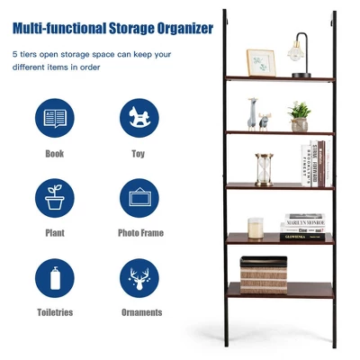 Costway 5-Tier Ladder Shelf Wood Wall Mounted Display Bookshelf Metal Frame Brown & Black/Brown & White/Bronze 7 Costway 5-Tier Ladder Shelf Wood Wall Mounted Display Bookshelf Metal Frame Brown & Black/Brown & White/Bronze - Image 7