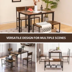 Costway 4pcs Dining Table Set Rustic Desk 2 Chairs & Bench With Storage Rack Brown/Grey/Coffee 14 Costway 4pcs Dining Table Set Rustic Desk 2 Chairs & Bench With Storage Rack Brown/Grey/Coffee -Costway GUEST b1582373 4ff2 4019 8469 e69fa134ef94