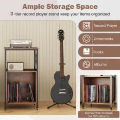 Costway Mobile Record Player Stand With Power Outlet Open Shelf & Dividers Metal Frame -Costway GUEST b197fa19 d879 49c0 802c 49d15ff7da48
