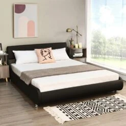 Costway 61 Costway Full Faux Leather Upholstered Platform Bed Adjustable Headboard Black