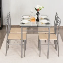 Costway 5 Piece Dining Set Table And 4 Chairs Glass Top Kitchen Breakfast Furniture Brown -Costway GUEST b249cafe e839 486b ba1e ffaa66d6fac3