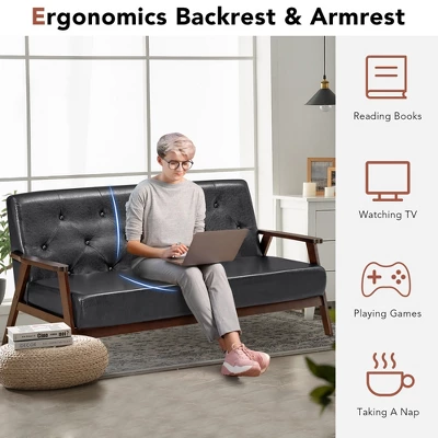 Costway 3-Seater Sofa PU Leather Sofa Couch W/ Rubber Wood Legs & Button Tufted Back 6 Costway 3-Seater Sofa PU Leather Sofa Couch W/ Rubber Wood Legs & Button Tufted Back - Image 6