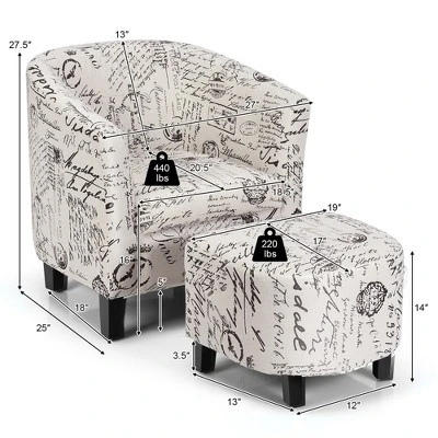 Costway Barrel Modern Accent Tub Upholstered Chair French Print W/ Ottoman 1 Costway Barrel Modern Accent Tub Upholstered Chair French Print W/ Ottoman