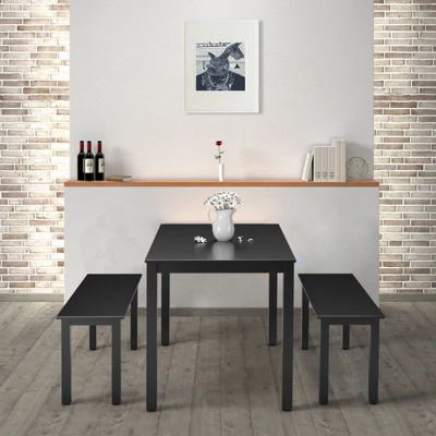 3pcs Dining Set Modern Studio Collection Table With 2 Benches Wood Legs Black 3 3pcs Dining Set Modern Studio Collection Table With 2 Benches Wood Legs Black - Image 3