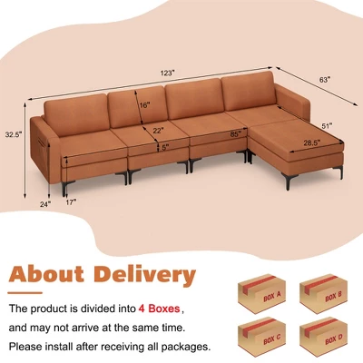 Costway Modular L-shaped Sectional Sofa W/ Reversible Chaise & 4 USB Ports OrangeDark Grey 3 Costway Modular L-shaped Sectional Sofa W/ Reversible Chaise & 4 USB Ports OrangeDark Grey - Image 3