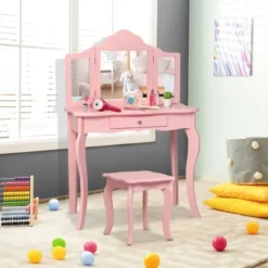 Costway Kids Vanity Table & Stool Princess Dressing Make Up Play Set For Girls Pink -Costway GUEST b48518ee a593 4270 991b f0a49adef908