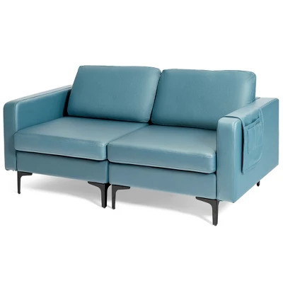 Costway Modern Loveseat Leathaire Fabric 2-Seat Sofa Couch W/ Side Storage Pocket 9 Costway Modern Loveseat Leathaire Fabric 2-Seat Sofa Couch W/ Side Storage Pocket - Image 9