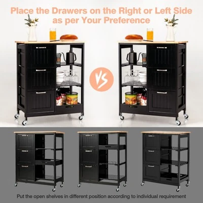 Costway Rolling Kitchen Island Utility Storage Cart W/ 3 Storage Drawers & Shelves White/Black 7 Costway Rolling Kitchen Island Utility Storage Cart W/ 3 Storage Drawers & Shelves White/Black - Image 7
