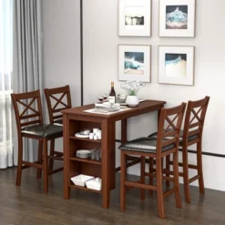 Costway 5PCS Pub Dining Table Set W/ Storage Shelves&4 Upholstered Chairs Walnut