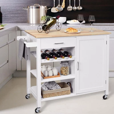 Costway 4-Tier Wood Kitchen Island Trolley Cart Storage Cabinet W/ Wine Rack White 2 Costway 4-Tier Wood Kitchen Island Trolley Cart Storage Cabinet W/ Wine Rack White - Image 2