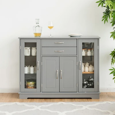 Costway Sideboard Buffet Server Storage 32'' Cabinet W/ 2 Drawers 3 Cabinets Cupboard Grey 2 Costway Sideboard Buffet Server Storage 32'' Cabinet W/ 2 Drawers 3 Cabinets Cupboard Grey - Image 2