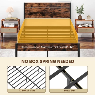 Costway Twin/Full/Queen/King Bed Frame With Tall Industrial Headboard Heavy-Duty Metal Slats Support Brown 7 Costway Twin/Full/Queen/King Bed Frame With Tall Industrial Headboard Heavy-Duty Metal Slats Support Brown - Image 7