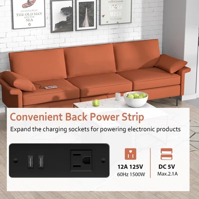 Costway Modern Modular Fabric 3-Seat Sofa Couch W/ Socket USB Ports & Metal Legs RedGreen 5 Costway Modern Modular Fabric 3-Seat Sofa Couch W/ Socket USB Ports & Metal Legs RedGreen - Image 5